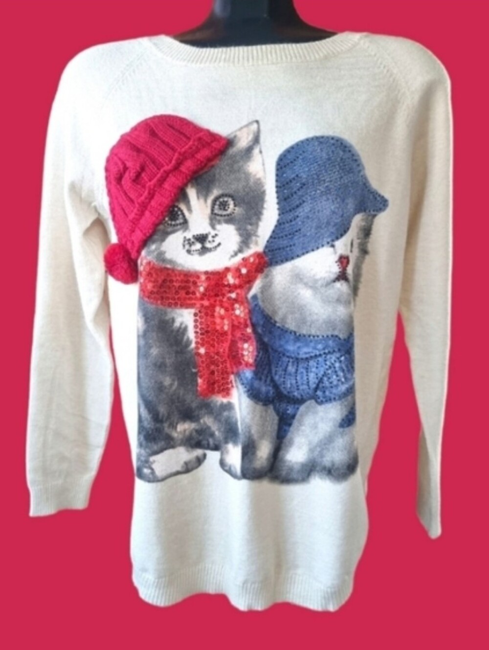 Women’s Cream Lightweight Novelty 3D Embellished Cat Sweater Size M